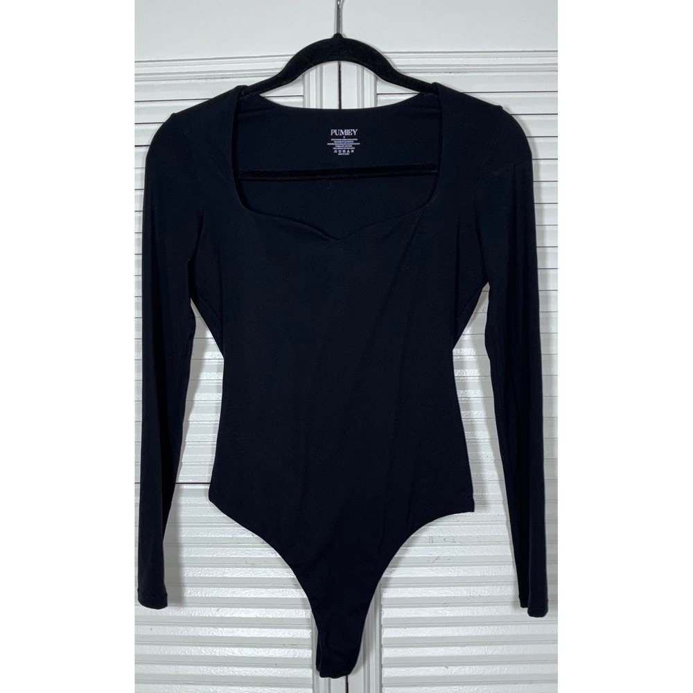 Pumiey Square Neck Long Sleeve Bodysuit Black Size S‎